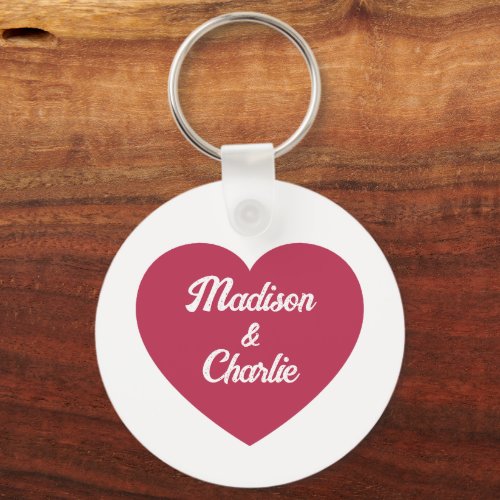 Magenta pink Heart couple names Valentines day Keychain