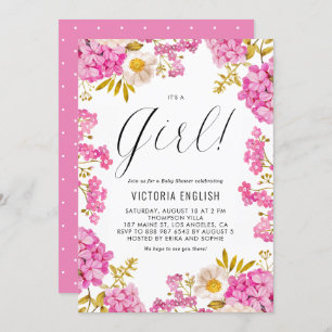 Magenta Pink Hydrangeas It's a Girl Baby Shower Invitation