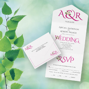 Magenta pink initials and ampersand, rose wedding all in one invitation