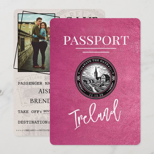 Magenta Pink Ireland Passport Save The Date (Front/Back)