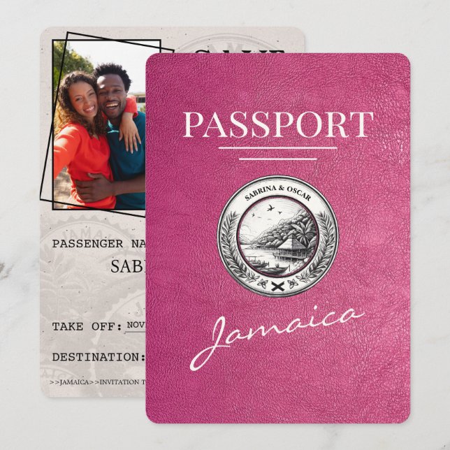 Magenta Pink Jamaica Passport Save The Date (Front/Back)