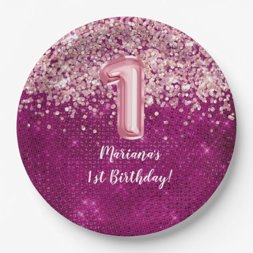 Magenta Pink Kids Girl 1st Birthday Party Paper Plates