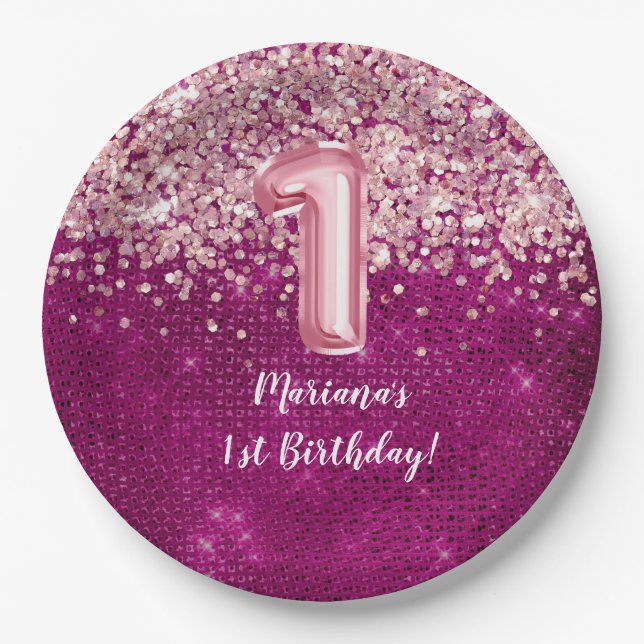 Magenta Pink Kids Girl 1st Birthday Party Paper Plates (Front)