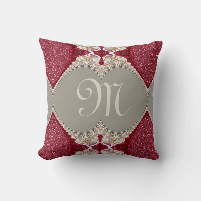 Magenta Pink Lacy FX Monogram Red White Cushion (Front)