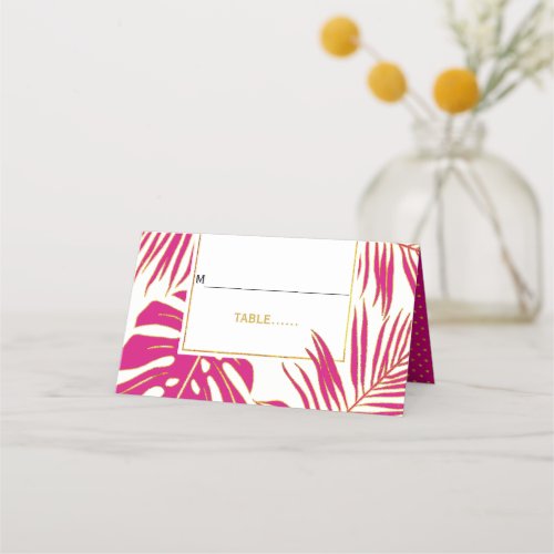 Magenta pink leaves tropical wedding folded escort place card