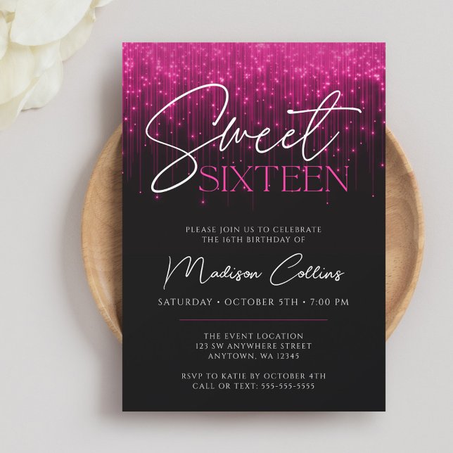 Magenta Pink Lights Black Sweet 16 Invitation (Creator Uploaded)