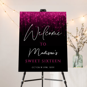 Magenta Pink Lights Black Sweet 16 Welcome Foam Board