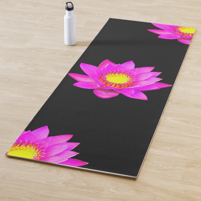 Magenta Pink Lotus Flowers on Black Yoga Mat (In Situ)