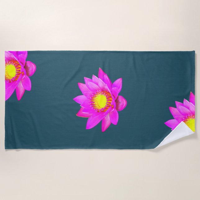 Magenta Pink Lotus Flowers on Blue Beach Towel (Front)