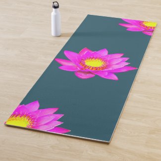 Magenta Pink Lotus Flowers on Blue Yoga Mat