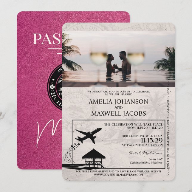 Magenta Pink Maldives Passport Wedding Invitation (Front/Back)