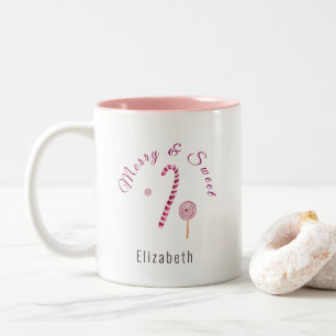 Magenta pink Merry & sweet candy cane watercolor Two-Tone Coffee Mug