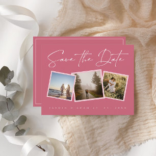 Magenta Pink Minimal Photo Collage Wedding Announcement Postcard