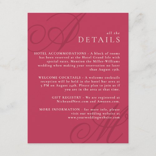 Magenta Pink Modern Edge Elegant Monogram Details Enclosure Card