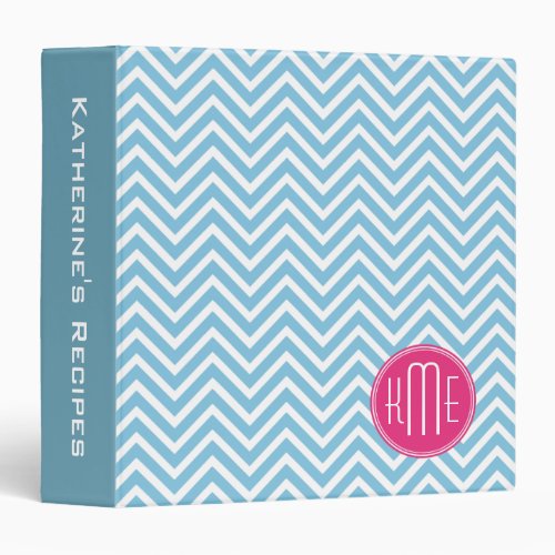 Magenta Pink Monogram with Light Blue Chevron 3 Ring Binder