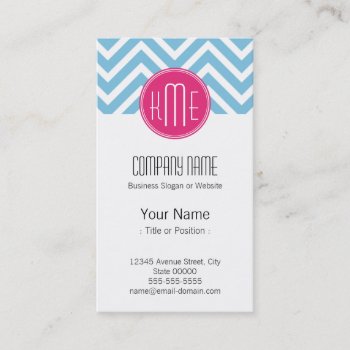 Magenta Pink Monogram With Light Blue Chevron Business Card by ZeraDesign at Zazzle