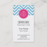 Magenta Pink Monogram With Light Blue Chevron Business Card at Zazzle