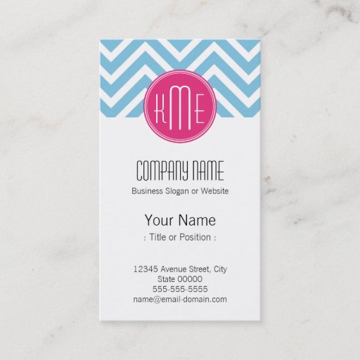 Customizable Magenta Pink Monogram with Light Blue Chevron Business Card