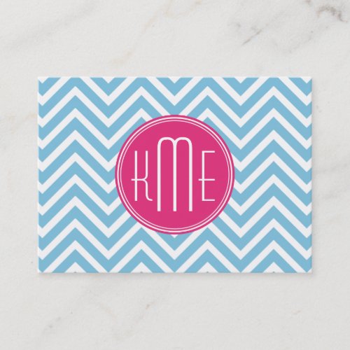 Magenta Pink Monogram with Light Blue Chevron Business Card