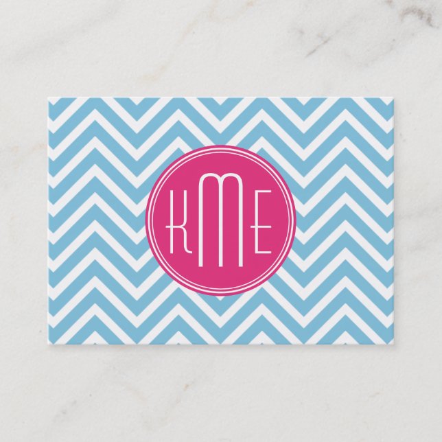 Magenta Pink Monogram with Light Blue Chevron Business Card (Front)