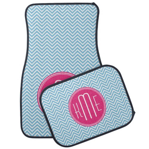 Magenta Pink Monogram with Light Blue Chevron Car Floor Mat