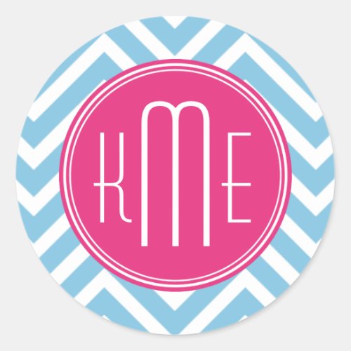 Magenta Pink Monogram with Light Blue Chevron Classic Round Sticker