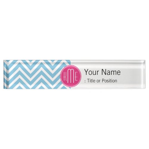 Magenta Pink Monogram with Light Blue Chevron Desk Name Plate