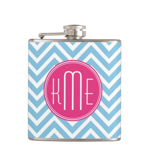 Magenta Pink Monogram with Light Blue Chevron Flask