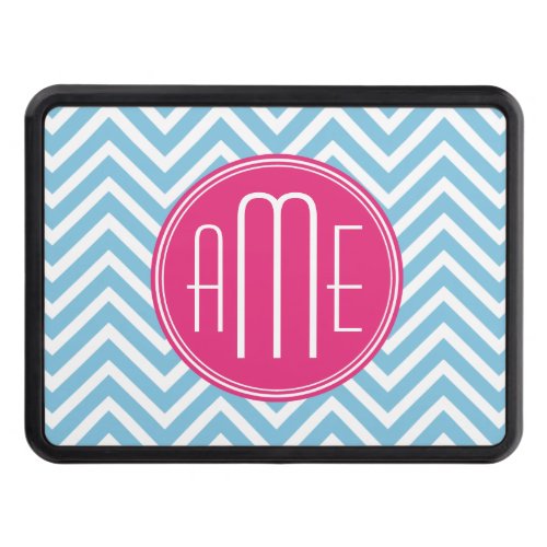 Magenta Pink Monogram with Light Blue Chevron Hitch Cover
