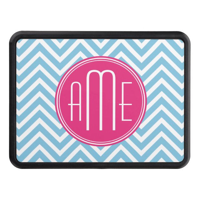 Magenta Pink Monogram with Light Blue Chevron Hitch Cover (Front)