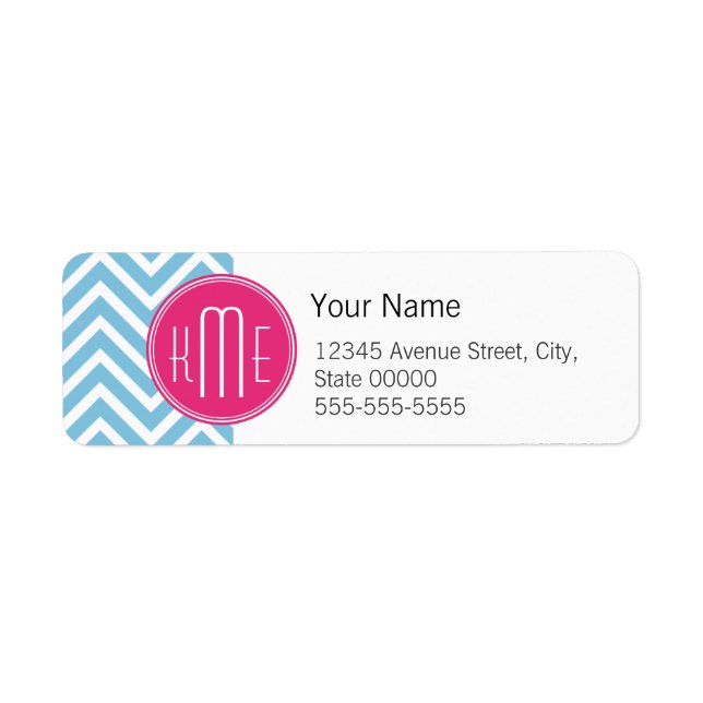 Magenta Pink Monogram with Light Blue Chevron Label (Front)