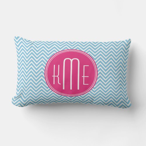 Magenta Pink Monogram with Light Blue Chevron Lumbar Pillow