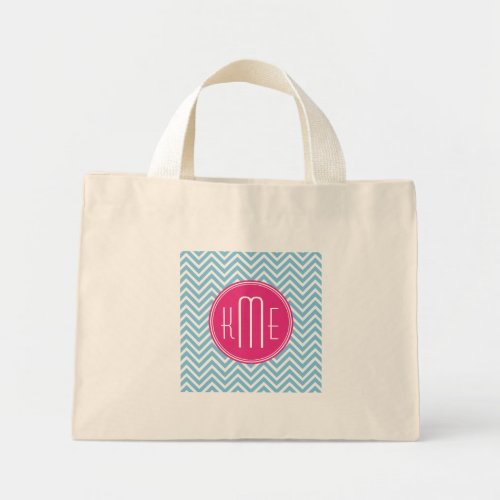 Magenta Pink Monogram with Light Blue Chevron Mini Tote Bag