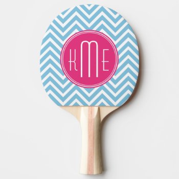 Magenta Pink Monogram With Light Blue Chevron Ping Pong Paddle by ZeraDesign at Zazzle