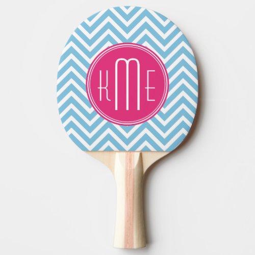 Magenta Pink Monogram with Light Blue Chevron Ping Pong Paddle