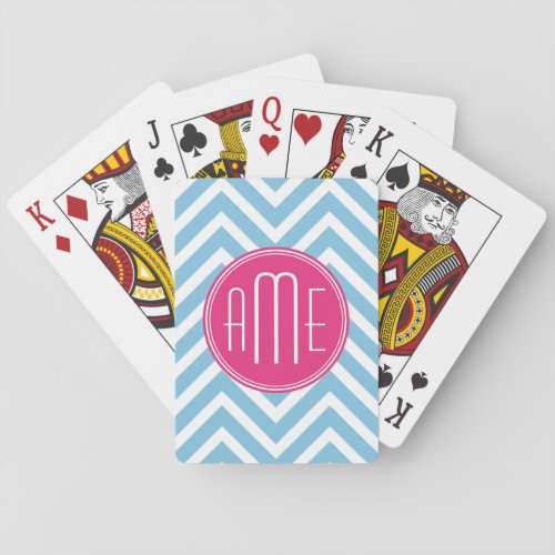 Magenta Pink Monogram with Light Blue Chevron Poker Cards