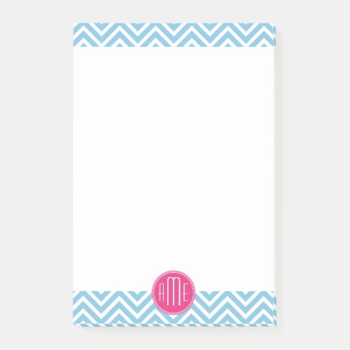 Magenta Pink Monogram with Light Blue Chevron Post_it Notes