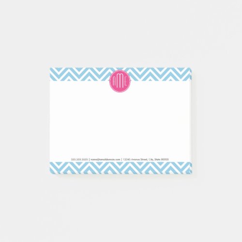Magenta Pink Monogram with Light Blue Chevron Post_it Notes