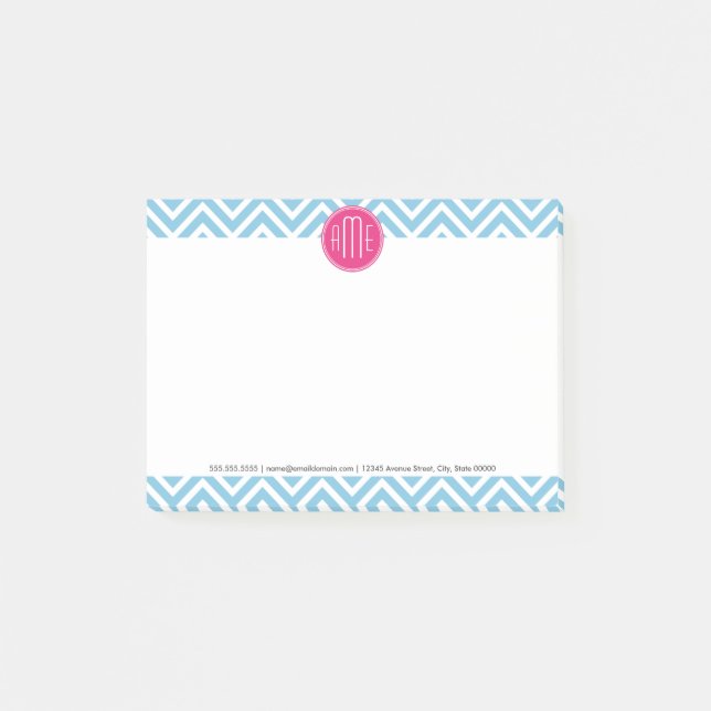 Magenta Pink Monogram with Light Blue Chevron Post-it Notes (Front)