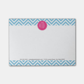 Magenta Pink Monogram with Light Blue Chevron Post-it Notes