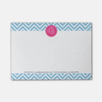Magenta Pink Monogram With Light Blue Chevron Post-it Notes by ZeraDesign at Zazzle
