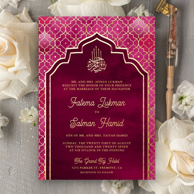 Magenta Pink Moroccan Arch Muslim Wedding Gold Foil Invitation (Creator Uploaded)
