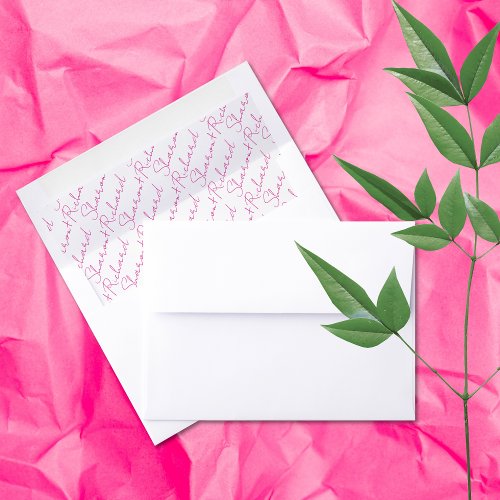 Magenta pink names calligraphy wedding envelope liner