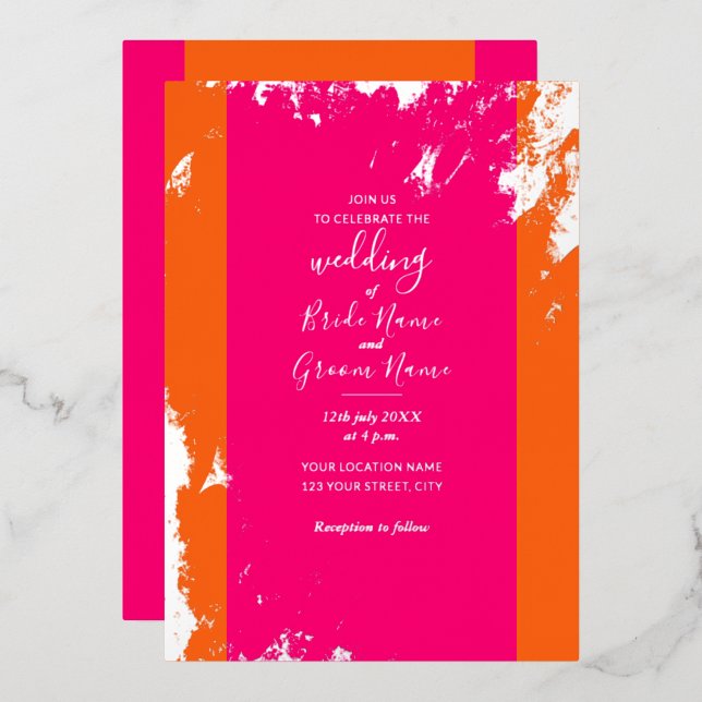 Magenta Pink Orange Gold Grain Elegant Foil Invitation (Front/Back)