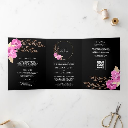 Magenta Pink Orchid Floral QR Code Black Wedding Tri-Fold Invitation