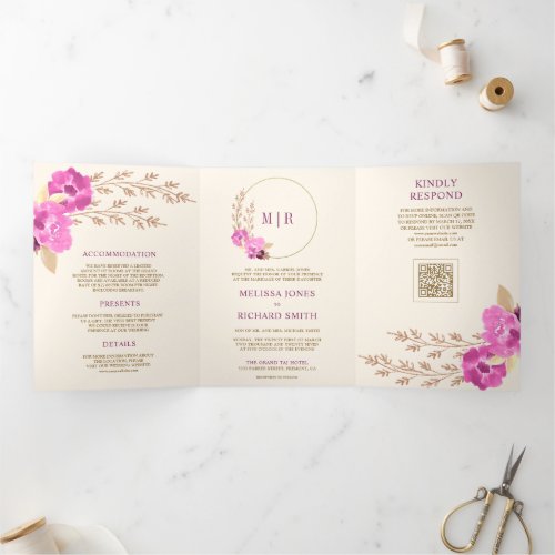 Magenta Pink Orchid Floral QR Code Ivory Wedding Tri-Fold Invitation