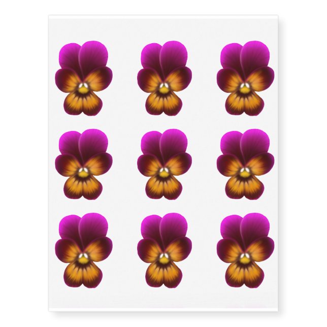 Magenta Pink Pansy Flowers Temporary Tattoos (Front)