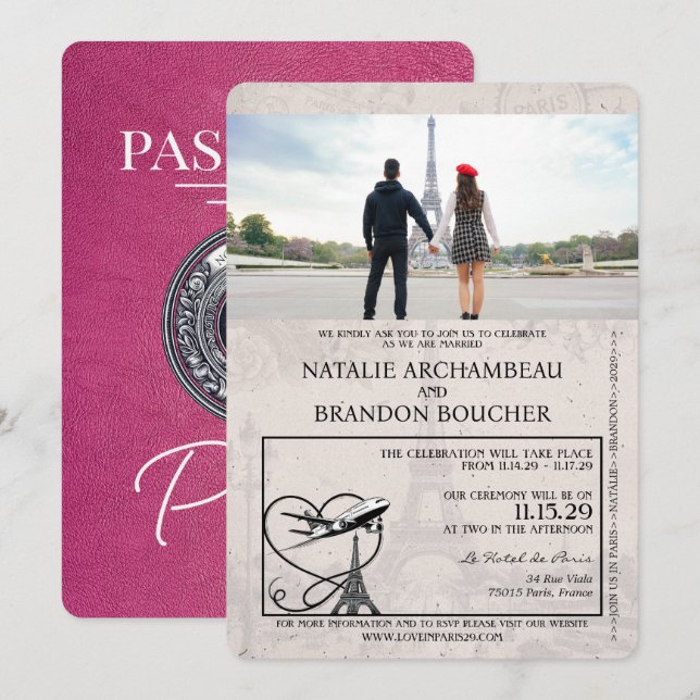 Magenta Pink Paris Passport Wedding Invitation (Front/Back)