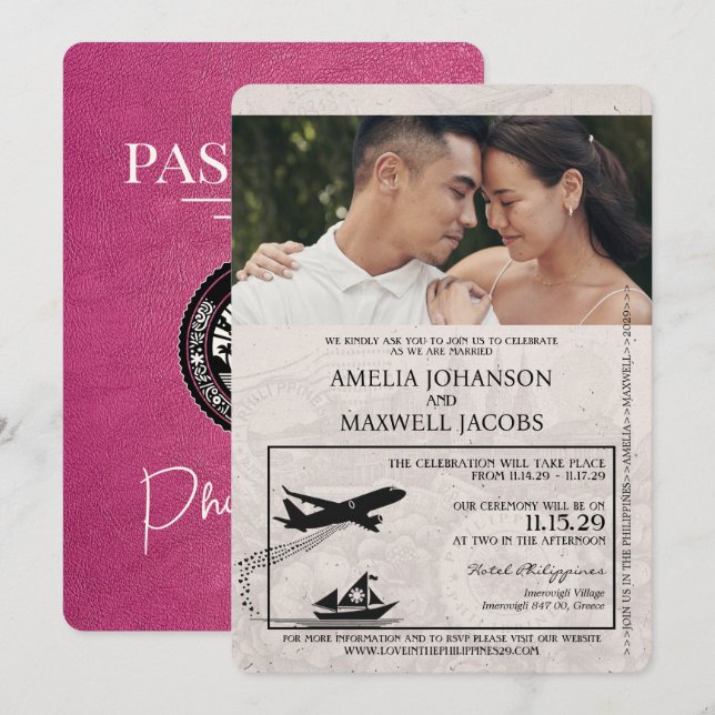 Magenta Pink Philippines Passport Wedding Invitation (Front/Back)