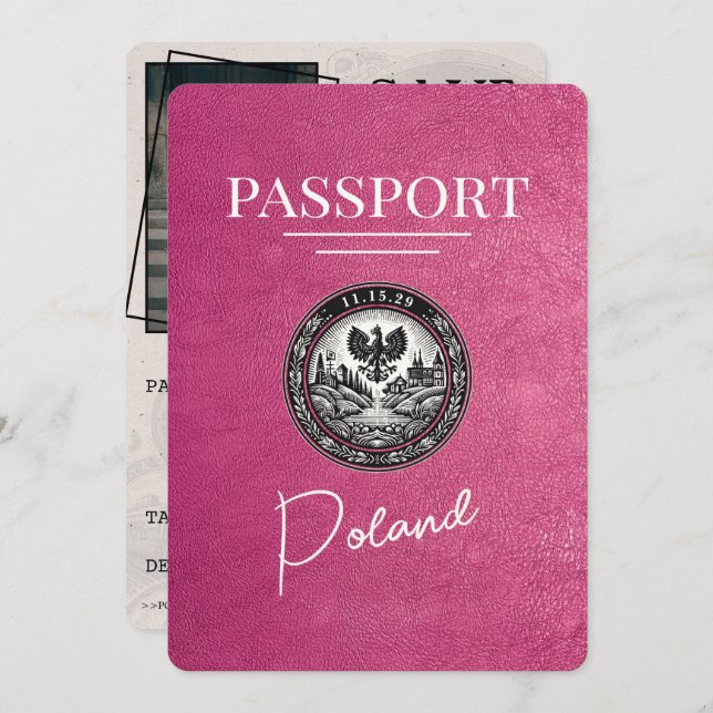 Magenta Pink Poland Passport Save The Date (Front/Back)